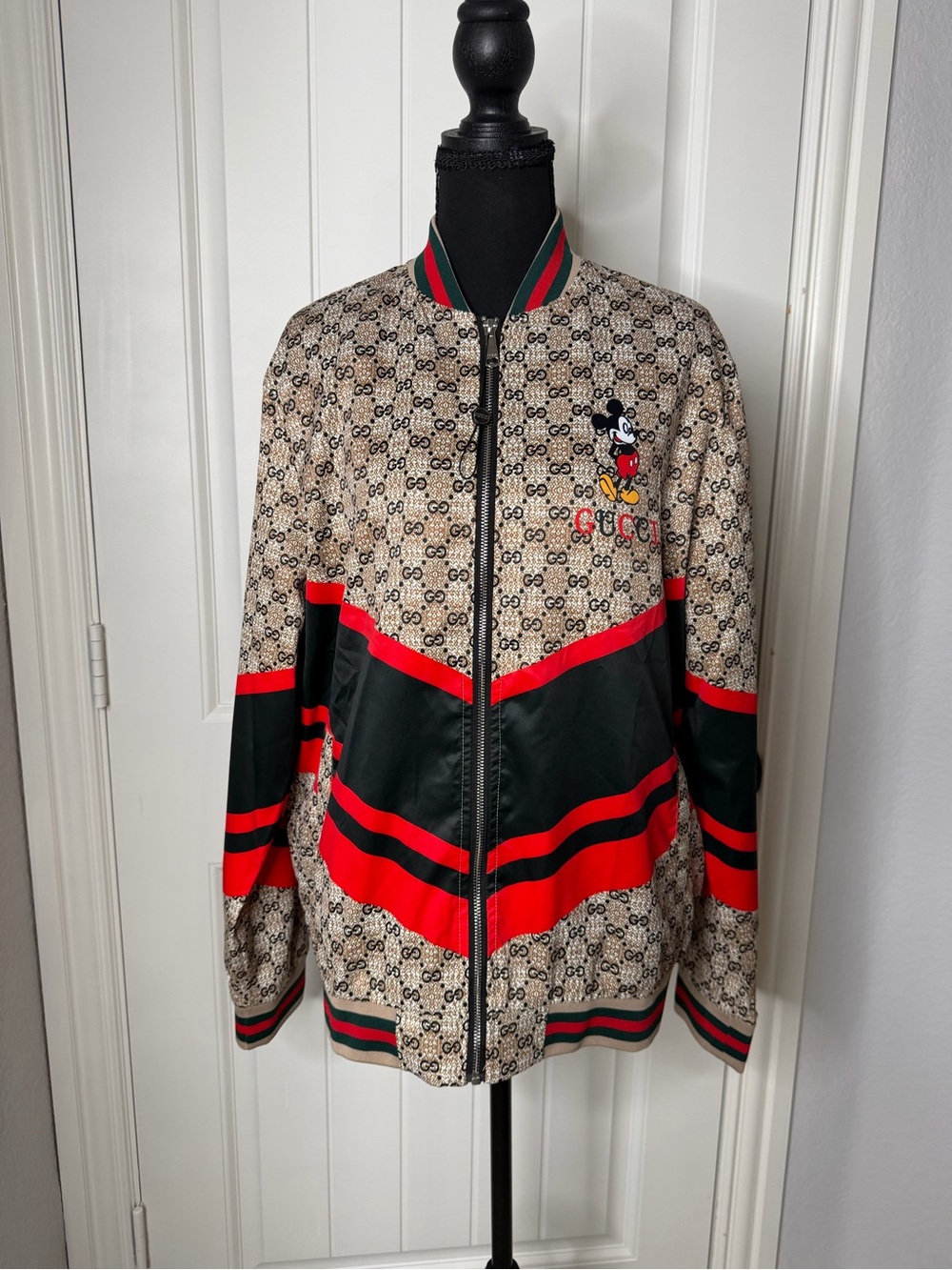 Gucci Beige Monogram Mickey Zip-Front Bomber Jacket